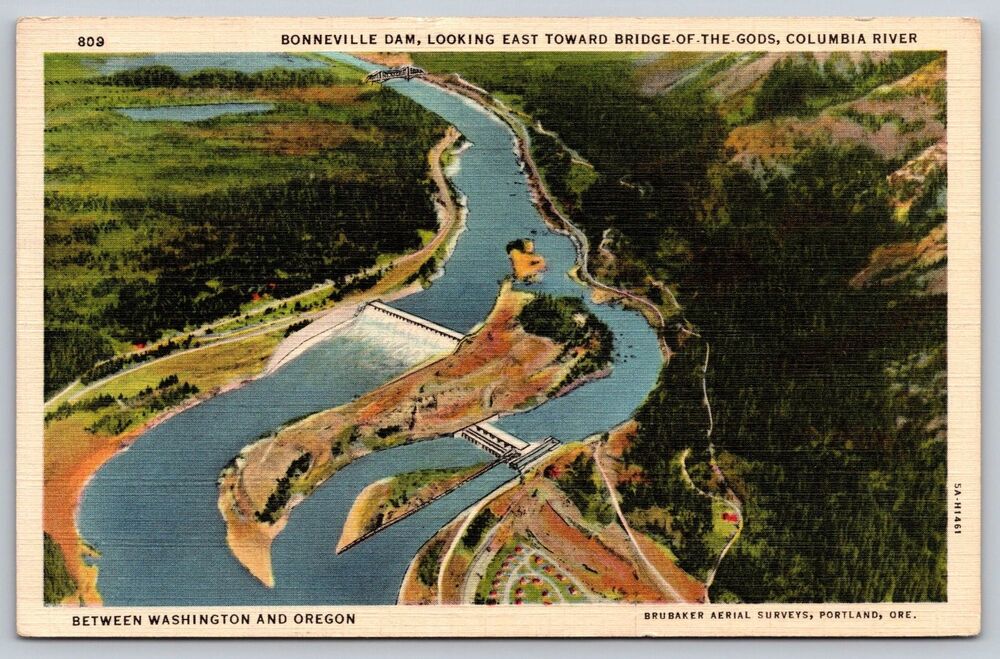 Vintage 1937 Linen Postcard Bonneville Dam Columbia River Aerial View Brubaker